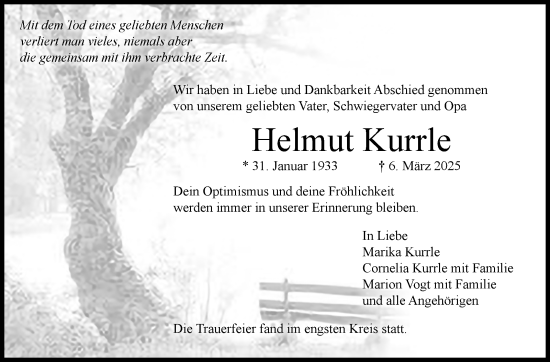 Traueranzeige von Helmut Kurrle von Eßlinger Zeitung