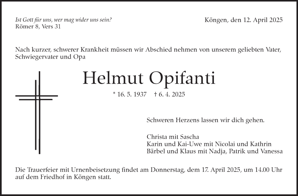  Traueranzeige für Helmut Opifanti vom 12.04.2025 aus Eßlinger Zeitung