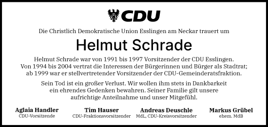 Traueranzeige von Helmut Schrade von Eßlinger Zeitung