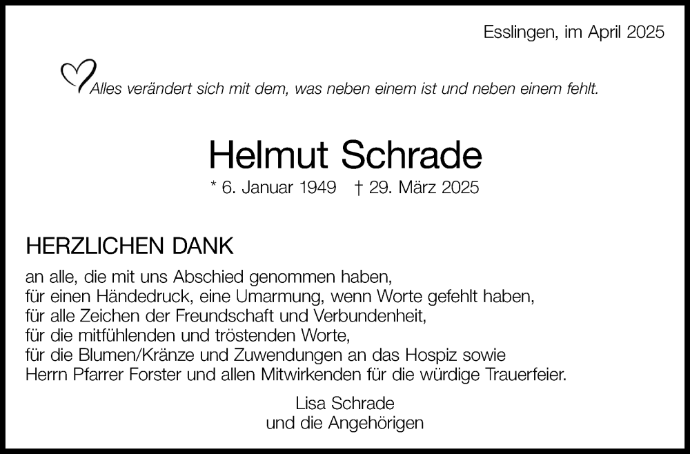  Traueranzeige für Helmut Schrade vom 26.04.2025 aus Eßlinger Zeitung
