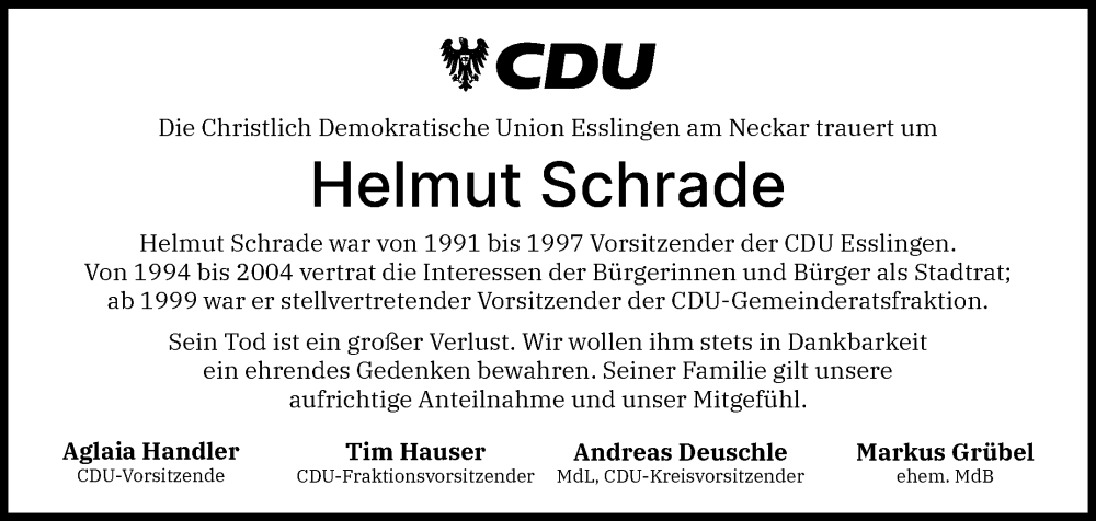  Traueranzeige für Helmut Schrade vom 04.04.2025 aus Eßlinger Zeitung