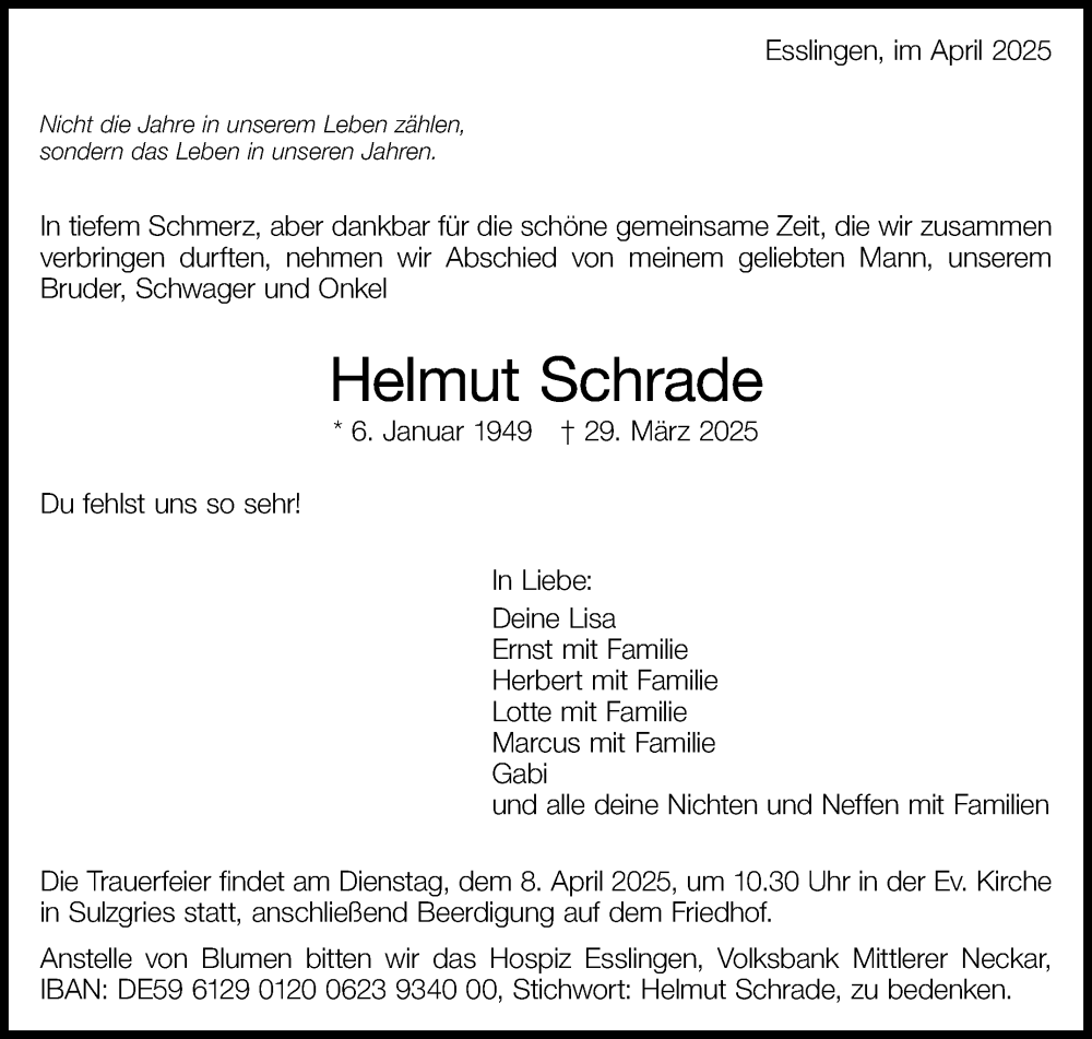  Traueranzeige für Helmut Schrade vom 04.04.2025 aus Eßlinger Zeitung