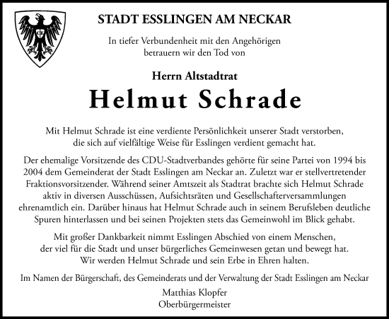 Traueranzeige von Helmut Schrade von Eßlinger Zeitung
