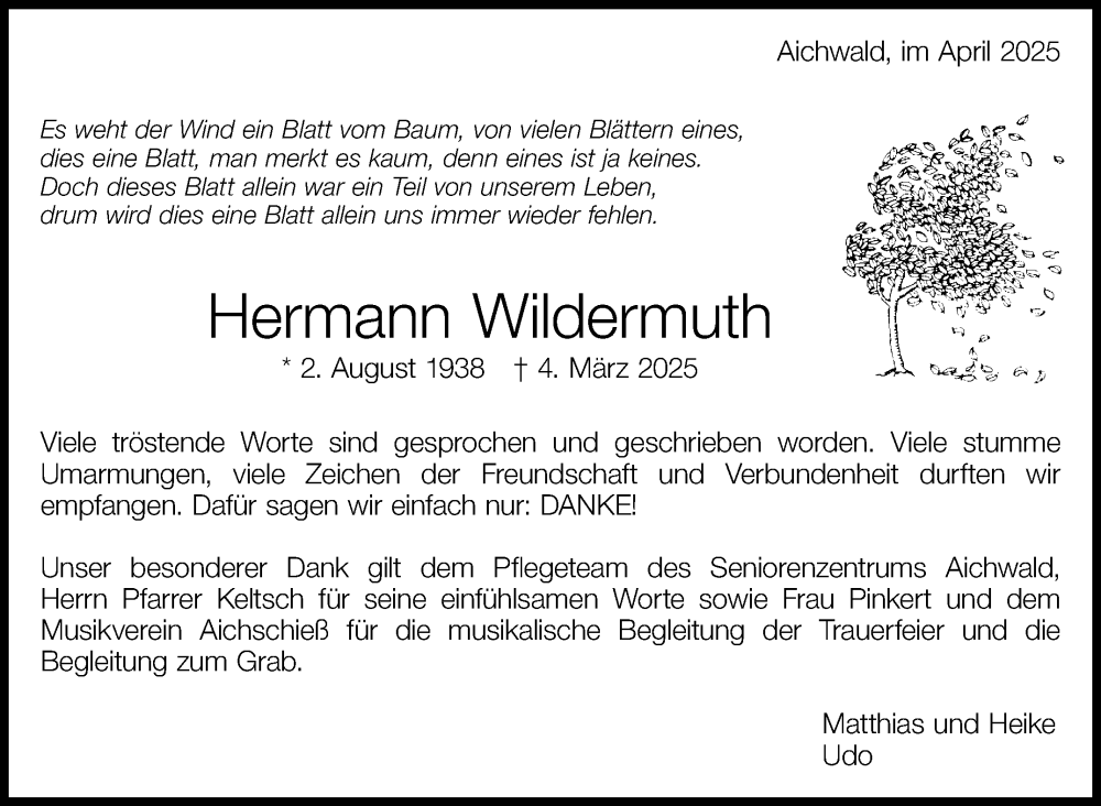  Traueranzeige für Hermann Wildermuth vom 19.04.2025 aus Eßlinger Zeitung