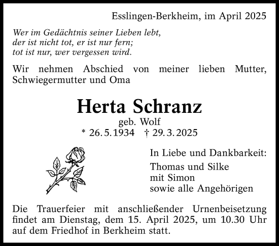 Traueranzeige von Herta Schranz von Eßlinger Zeitung