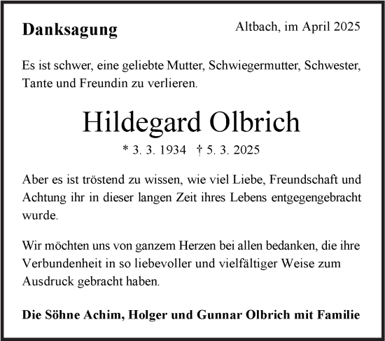 Traueranzeige von Hildegard Olbrich von Eßlinger Zeitung