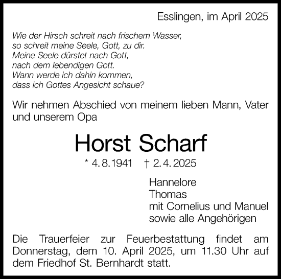 Traueranzeige von Horst Scharf von Eßlinger Zeitung