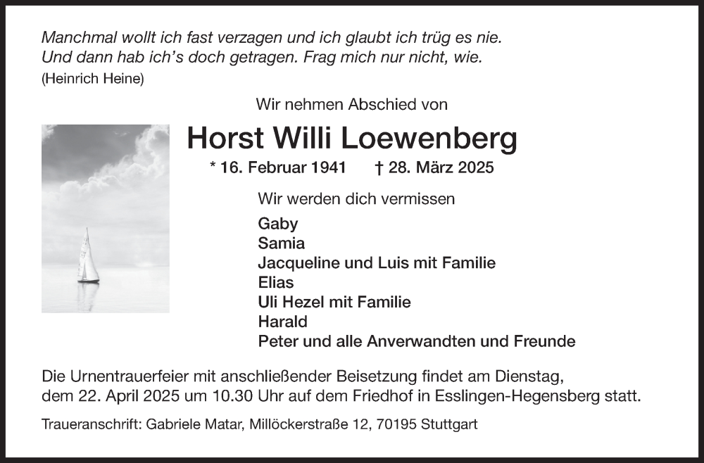  Traueranzeige für Horst Willi Loewenberg vom 16.04.2025 aus Eßlinger Zeitung