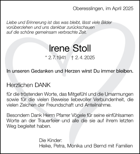 Traueranzeige von Irene Stoll von Eßlinger Zeitung