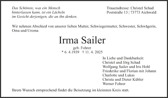Traueranzeige von Irma Sailer von Eßlinger Zeitung