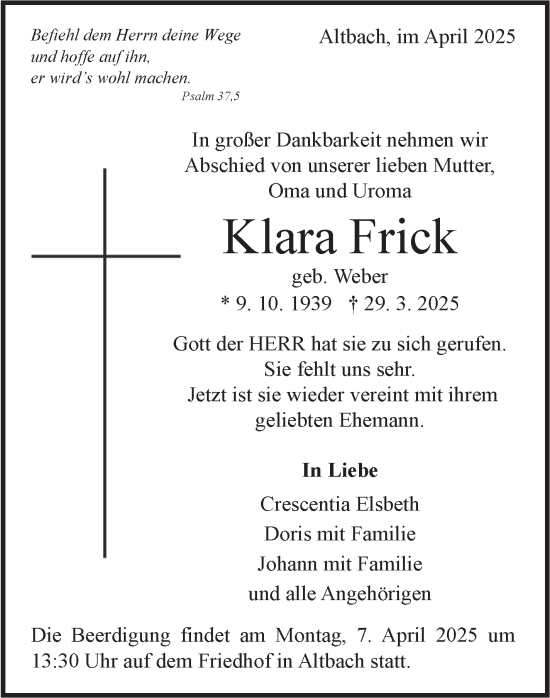 Traueranzeige von Klara Frick von Eßlinger Zeitung
