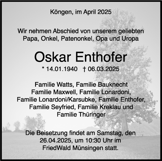 Traueranzeige von Oskar Enthofer von Eßlinger Zeitung