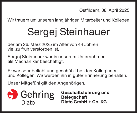 Traueranzeige von Sergej Steinhauer von Eßlinger Zeitung