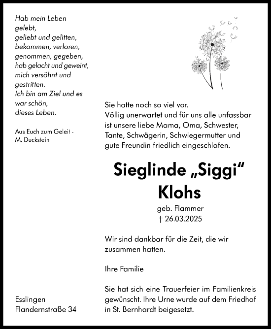 Traueranzeige von Sieglinde Klohs von Eßlinger Zeitung