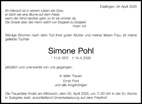 Traueranzeige von Simone Pohl von Eßlinger Zeitung