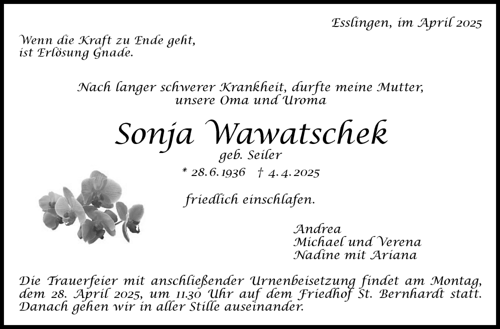  Traueranzeige für Sonja Wawatschek vom 12.04.2025 aus Eßlinger Zeitung