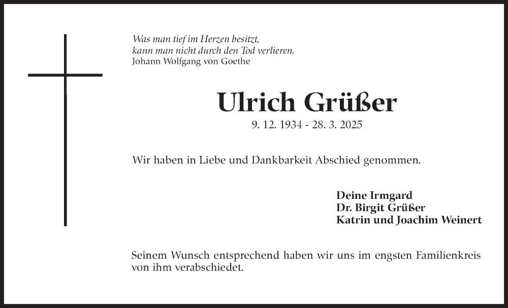  Traueranzeige für Ulrich Grüßer vom 17.04.2025 aus Eßlinger Zeitung