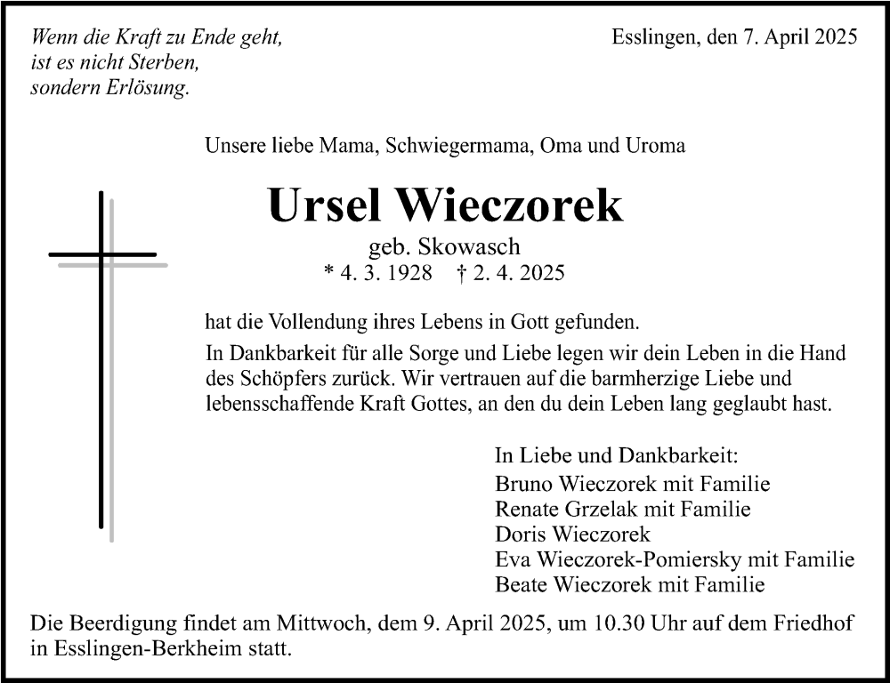  Traueranzeige für Ursel Wieczorek vom 07.04.2025 aus Eßlinger Zeitung