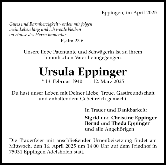 Traueranzeige von Ursula Eppinger von Eßlinger Zeitung
