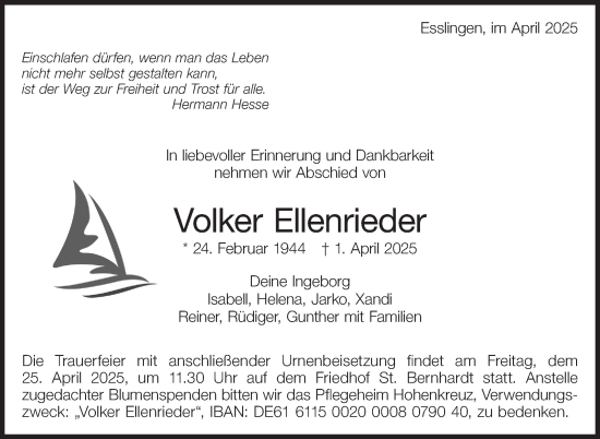 Traueranzeige von Volker Ellenrieder von Eßlinger Zeitung