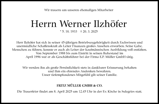 Traueranzeige von Werner Ilzhöfer von Eßlinger Zeitung