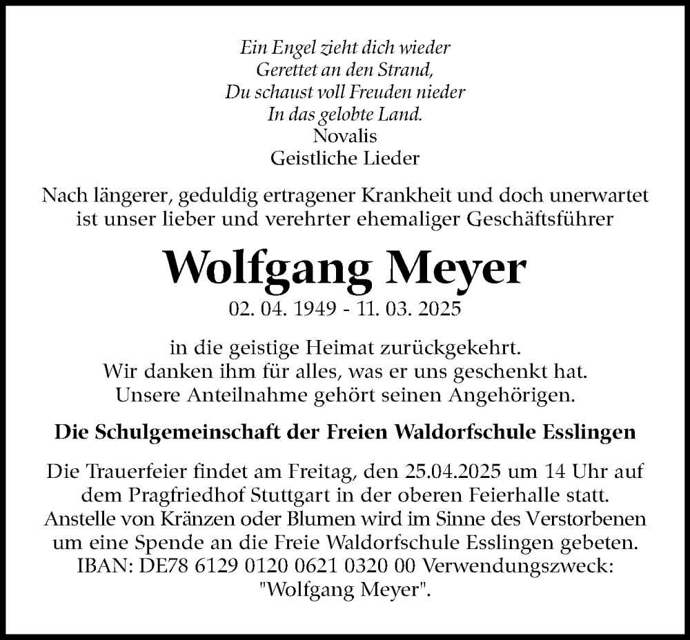  Traueranzeige für Wolfgang Meyer vom 12.04.2025 aus Eßlinger Zeitung