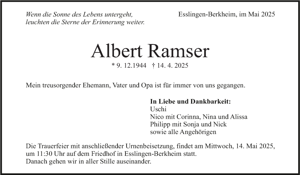  Traueranzeige für Albert Ramser vom 10.05.2025 aus Eßlinger Zeitung