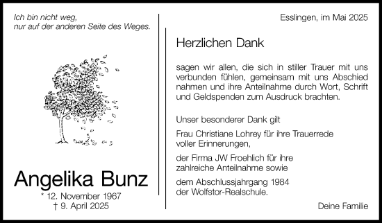 Traueranzeige von Angelika Bunz von Eßlinger Zeitung