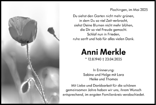 Traueranzeige von Anni Merkle von Eßlinger Zeitung