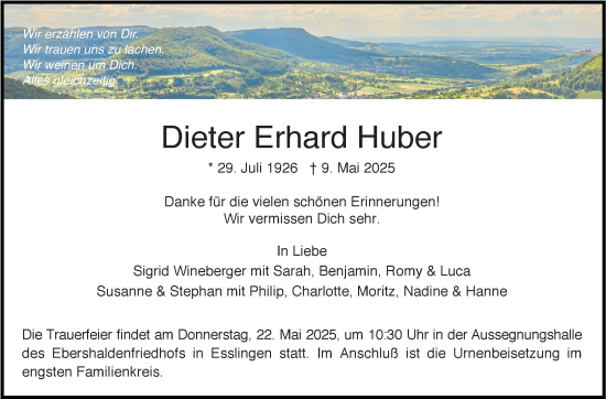 Traueranzeige von Dieter Erhard Huber von Eßlinger Zeitung