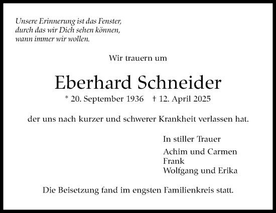 Traueranzeige von Eberhard Schneider von Eßlinger Zeitung