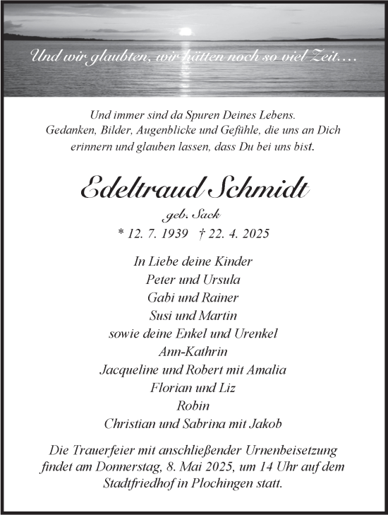 Traueranzeige von Edeltraud Schmidt von Eßlinger Zeitung