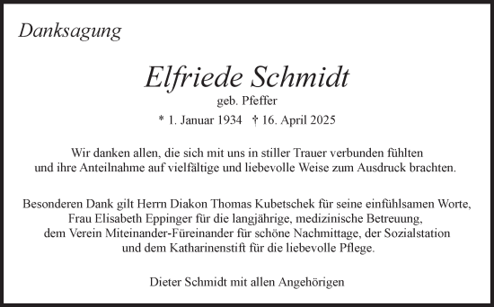 Traueranzeige von Elfriede Schmidt von Eßlinger Zeitung