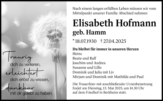 Traueranzeige von Elisabeth Hofmann von Eßlinger Zeitung