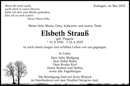 Traueranzeige von Elsbeth Strauß von Eßlinger Zeitung
