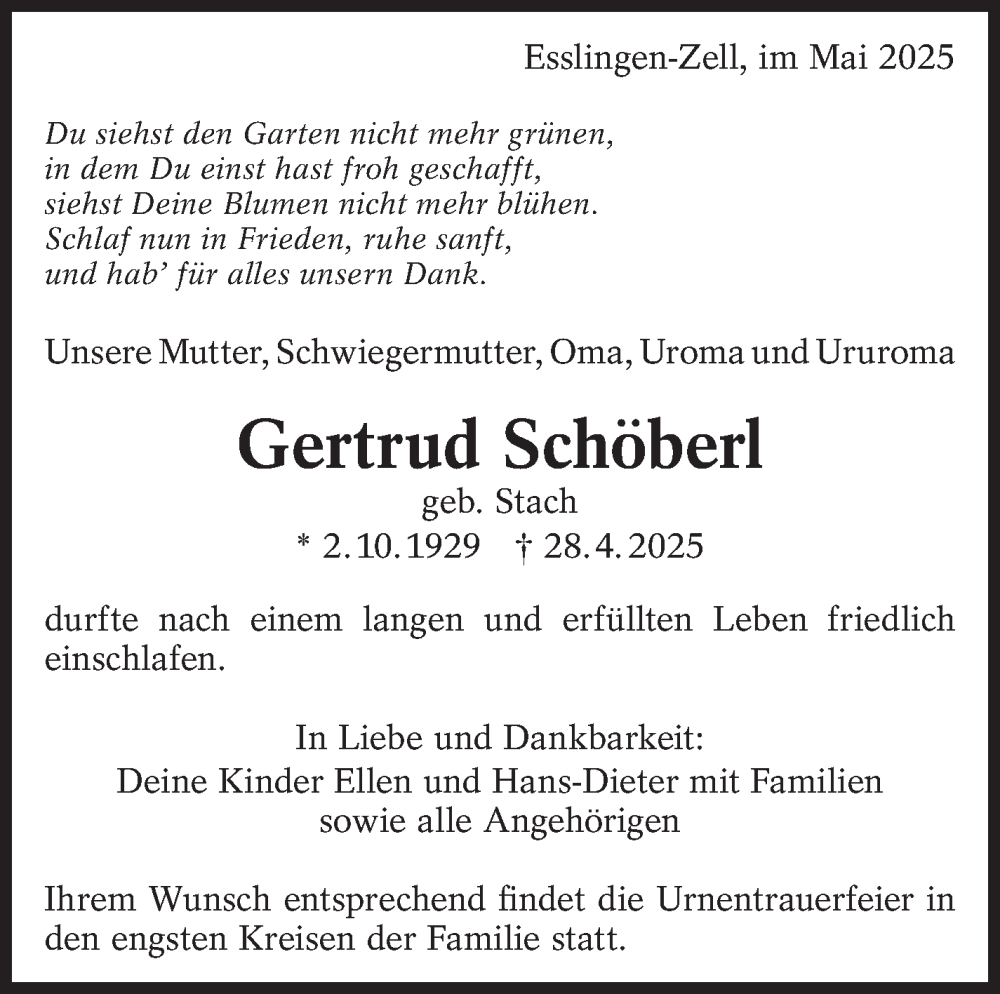  Traueranzeige für Gertrud Schöberl vom 03.05.2025 aus Eßlinger Zeitung