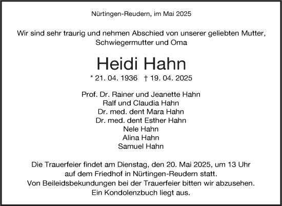 Traueranzeige von Heidi Hahn von Eßlinger Zeitung