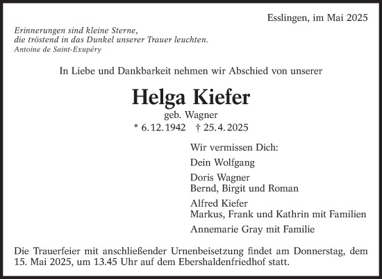 Traueranzeige von Helga Kiefer von Eßlinger Zeitung