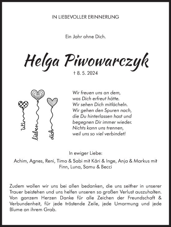 Traueranzeige von Helga Piwowarczyk von Eßlinger Zeitung