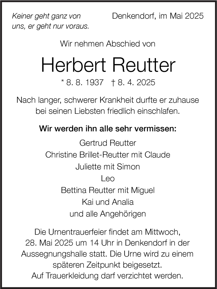  Traueranzeige für Herbert Reutter vom 16.05.2025 aus Eßlinger Zeitung