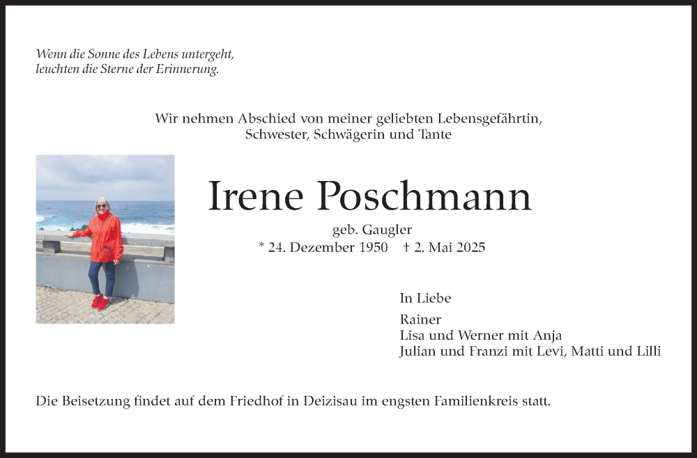  Traueranzeige für Irene Poschmann vom 17.05.2025 aus Eßlinger Zeitung