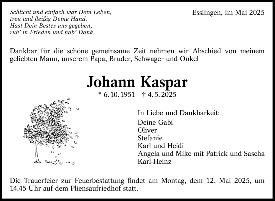 Traueranzeige von Johann Kaspar von Eßlinger Zeitung