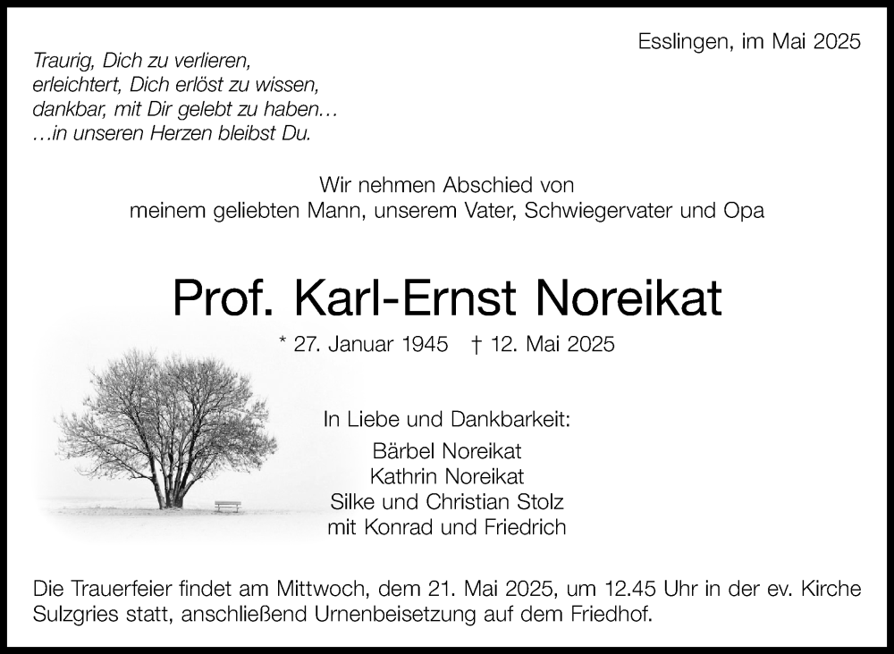  Traueranzeige für Karl-Ernst Noreikat vom 16.05.2025 aus Eßlinger Zeitung