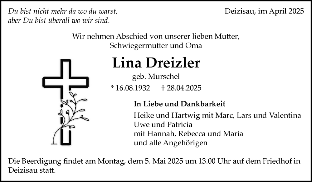  Traueranzeige für Lina Dreizler vom 02.05.2025 aus Eßlinger Zeitung