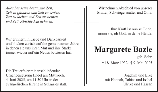 Traueranzeige von Margarete Bazle von Eßlinger Zeitung