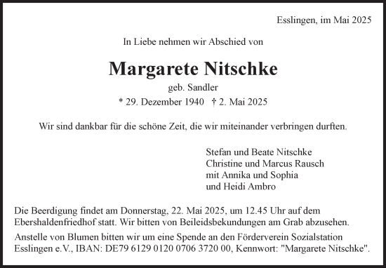 Traueranzeige von Margarete Nitschke von Eßlinger Zeitung