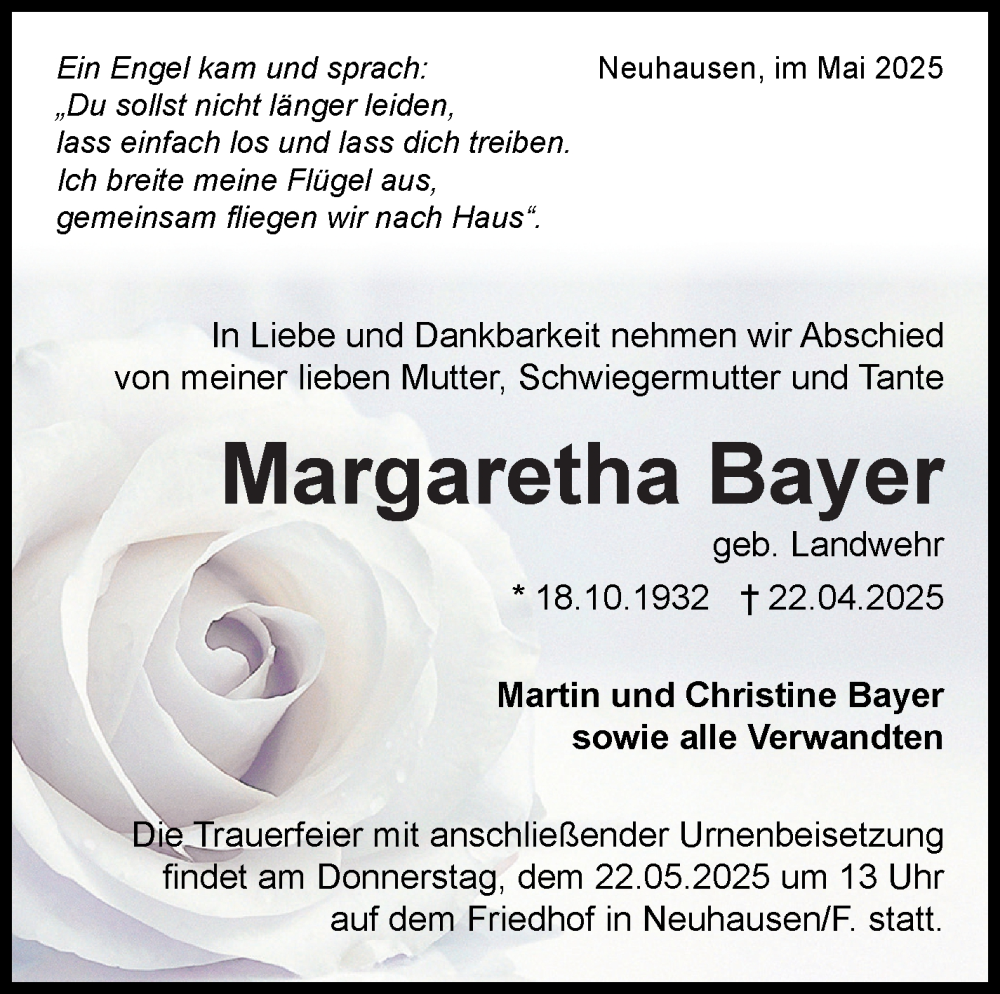 Traueranzeige für Margaretha Bayer vom 17.05.2025 aus Eßlinger Zeitung
