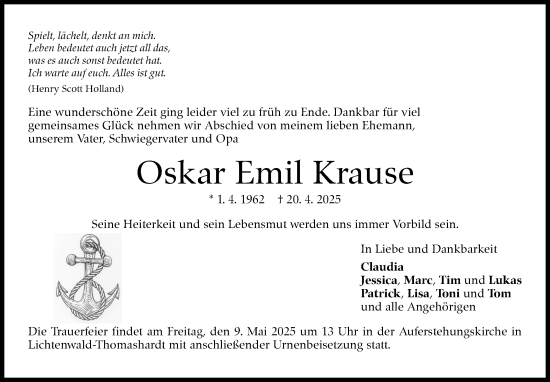 Traueranzeige von Oskar Emil Krause von Eßlinger Zeitung