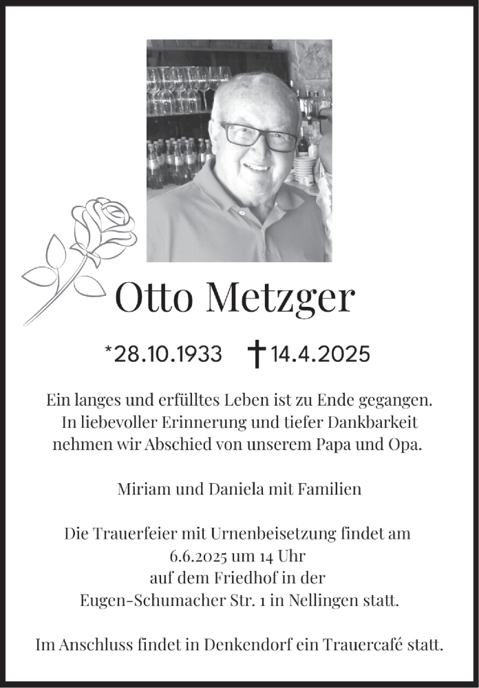  Traueranzeige für Otto Metzger vom 17.05.2025 aus Eßlinger Zeitung