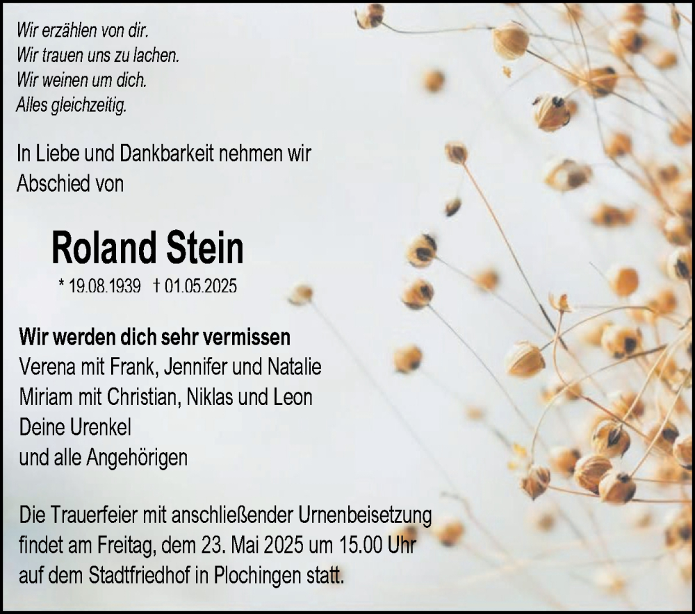  Traueranzeige für Roland Stein vom 17.05.2025 aus Eßlinger Zeitung